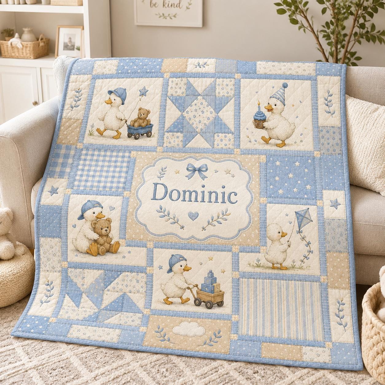 Personalized Goose Baby Quilt, Custom Name Nursery Blanket, Gingham Bedding