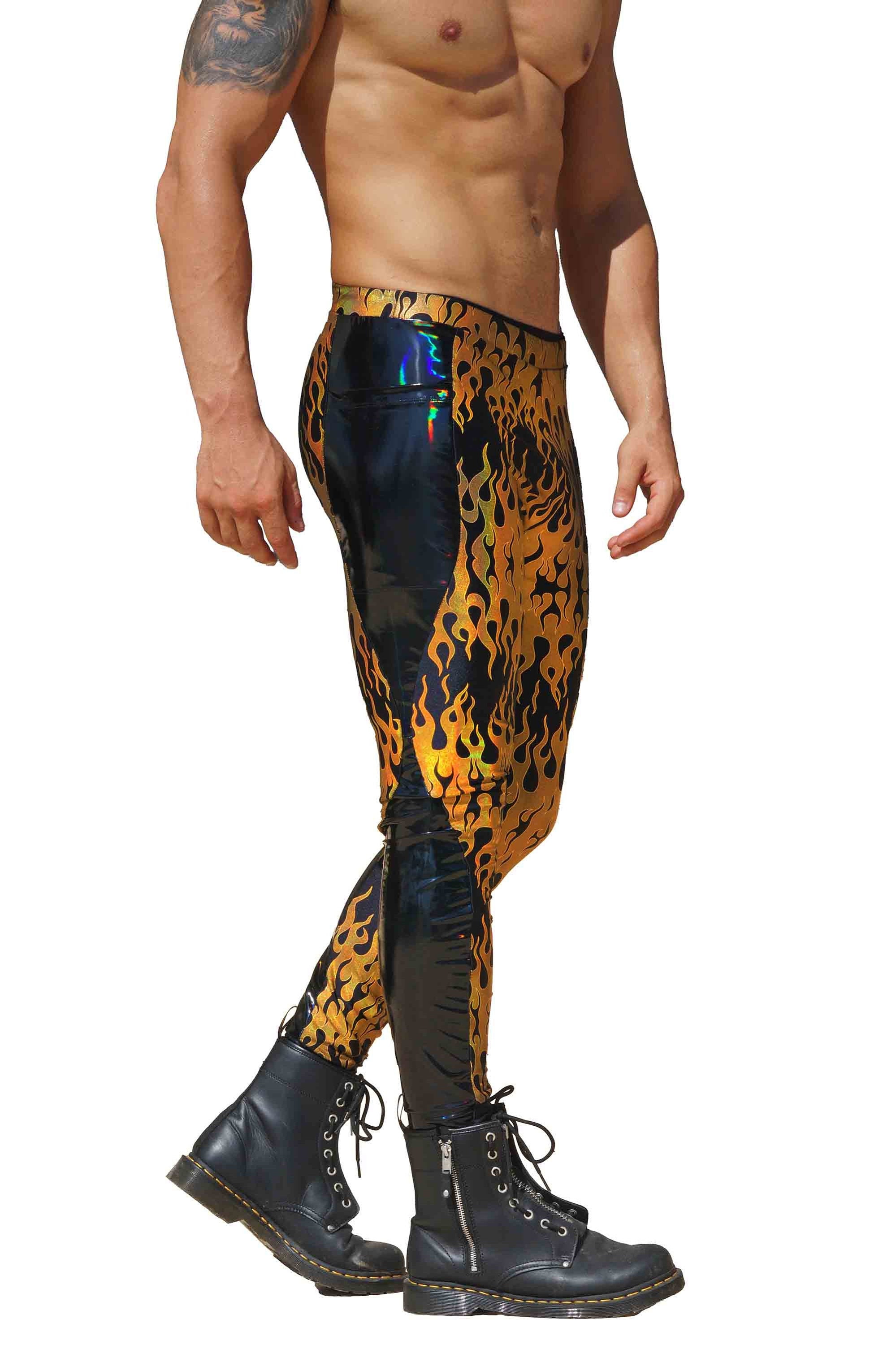 Printed Leggings for Men Pro Wrestling Gear Rave Leggings Mens Vinyl Pants Mens