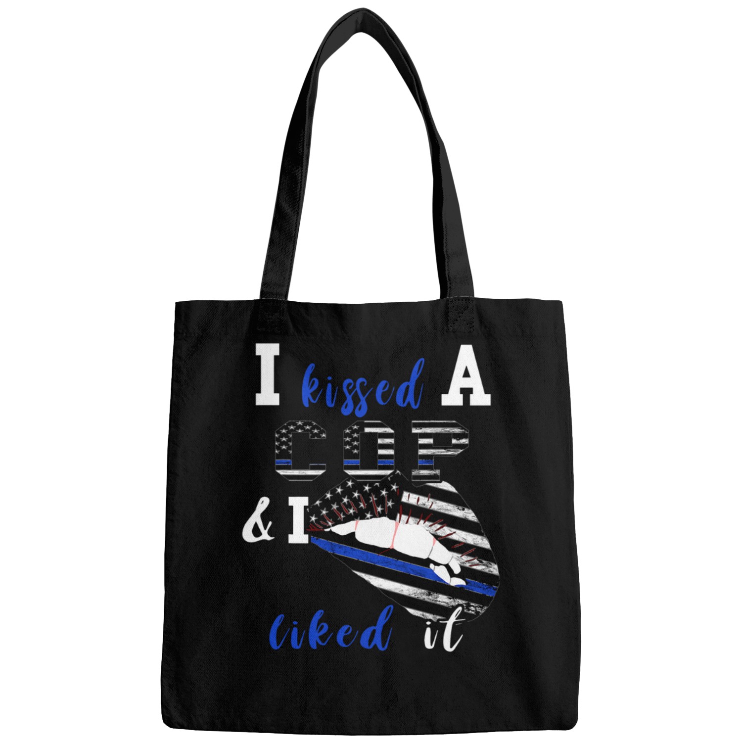 Police Job I Kissed A Cop Lips Flag America USA Officer Bags