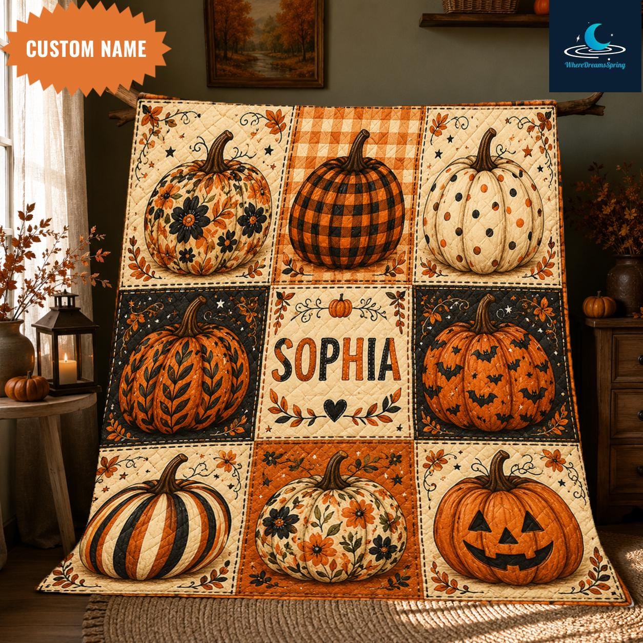 Personalized Halloween Pumpkin Quilt, Autumn Harvest Throw Blanket, Rustic Farmhouse Decor