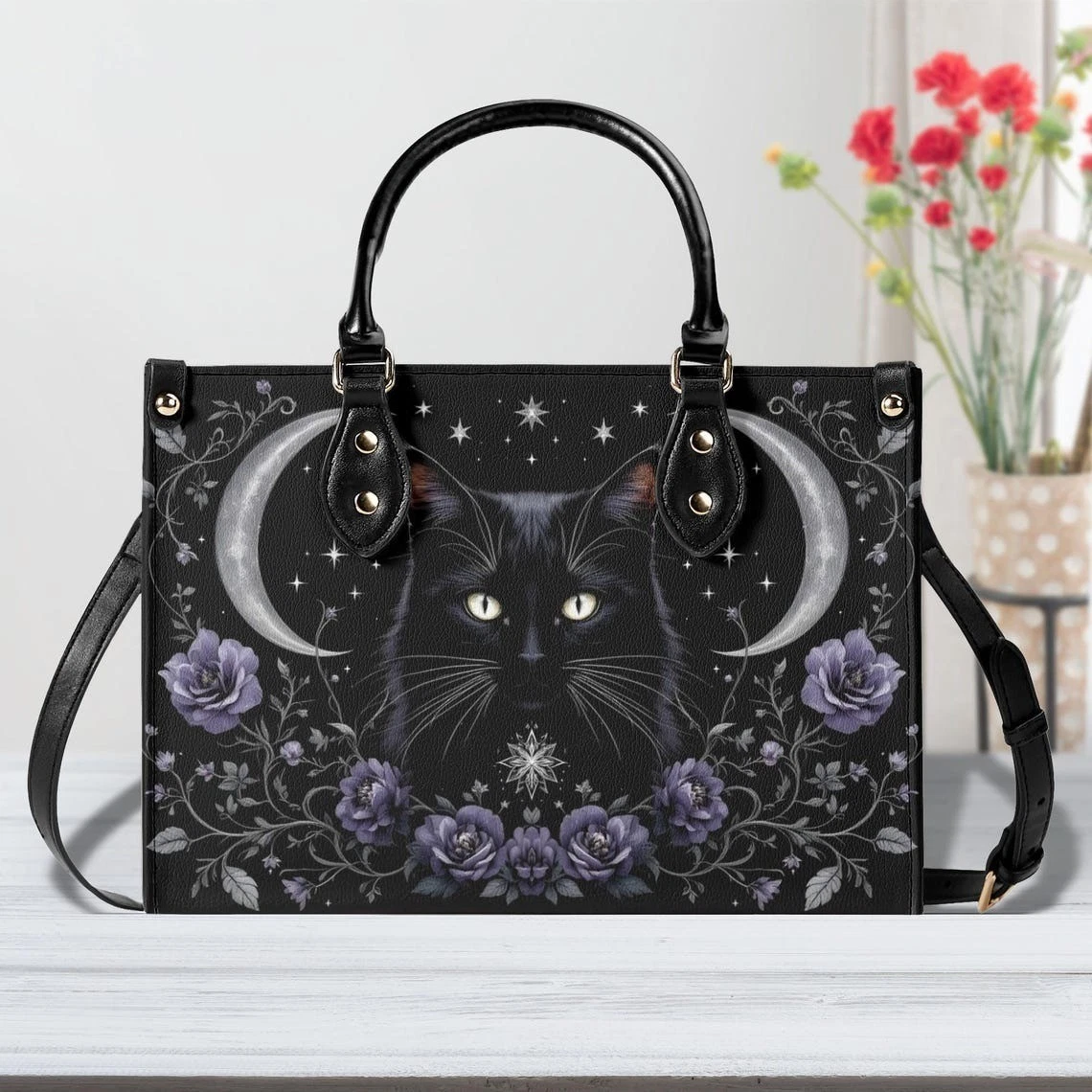 Black Cat Moon Leather Handbag for Women and Cat Lovers