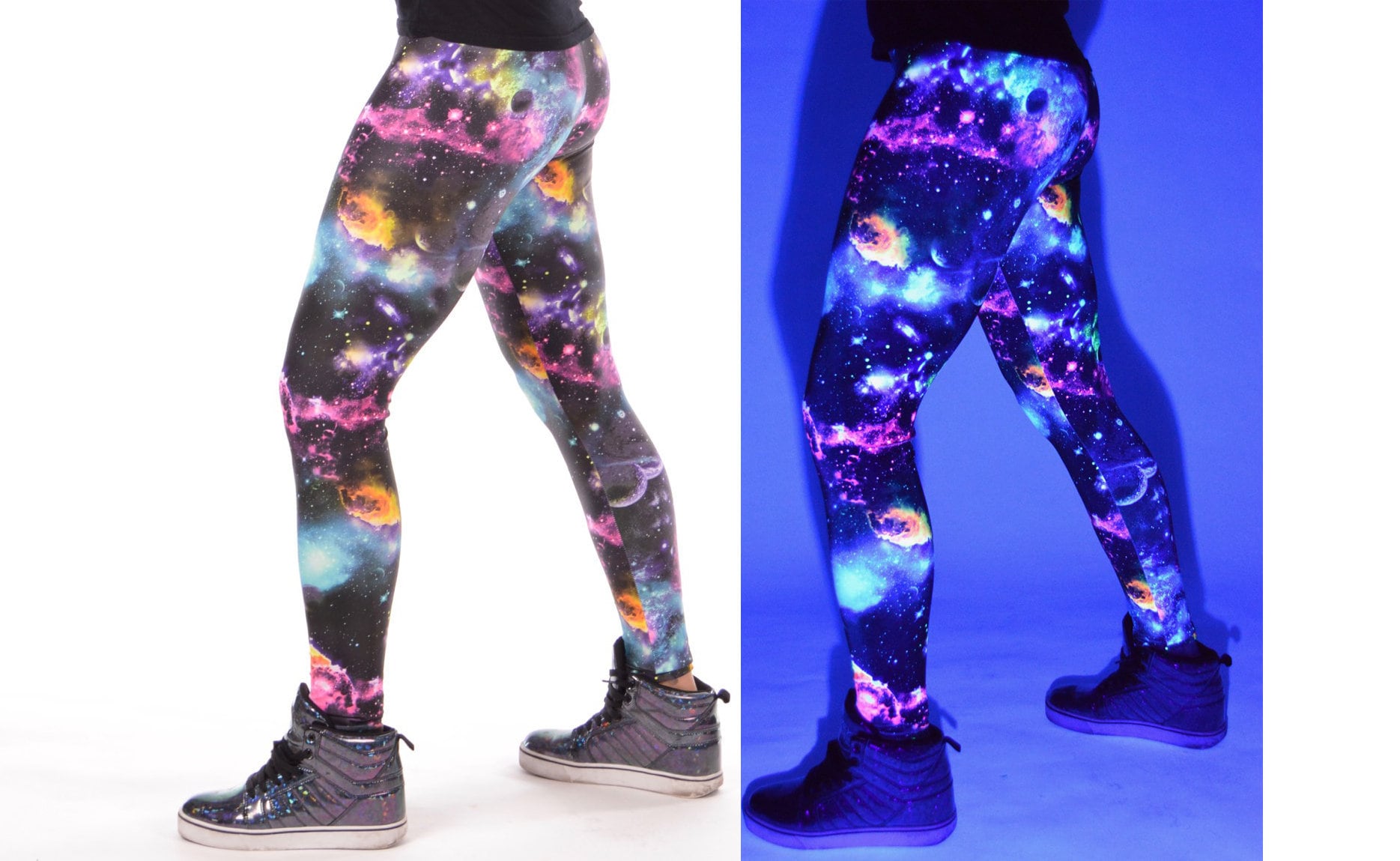 UV Space Men's Leggings // UV Reactive Black Light Galaxy Meggings