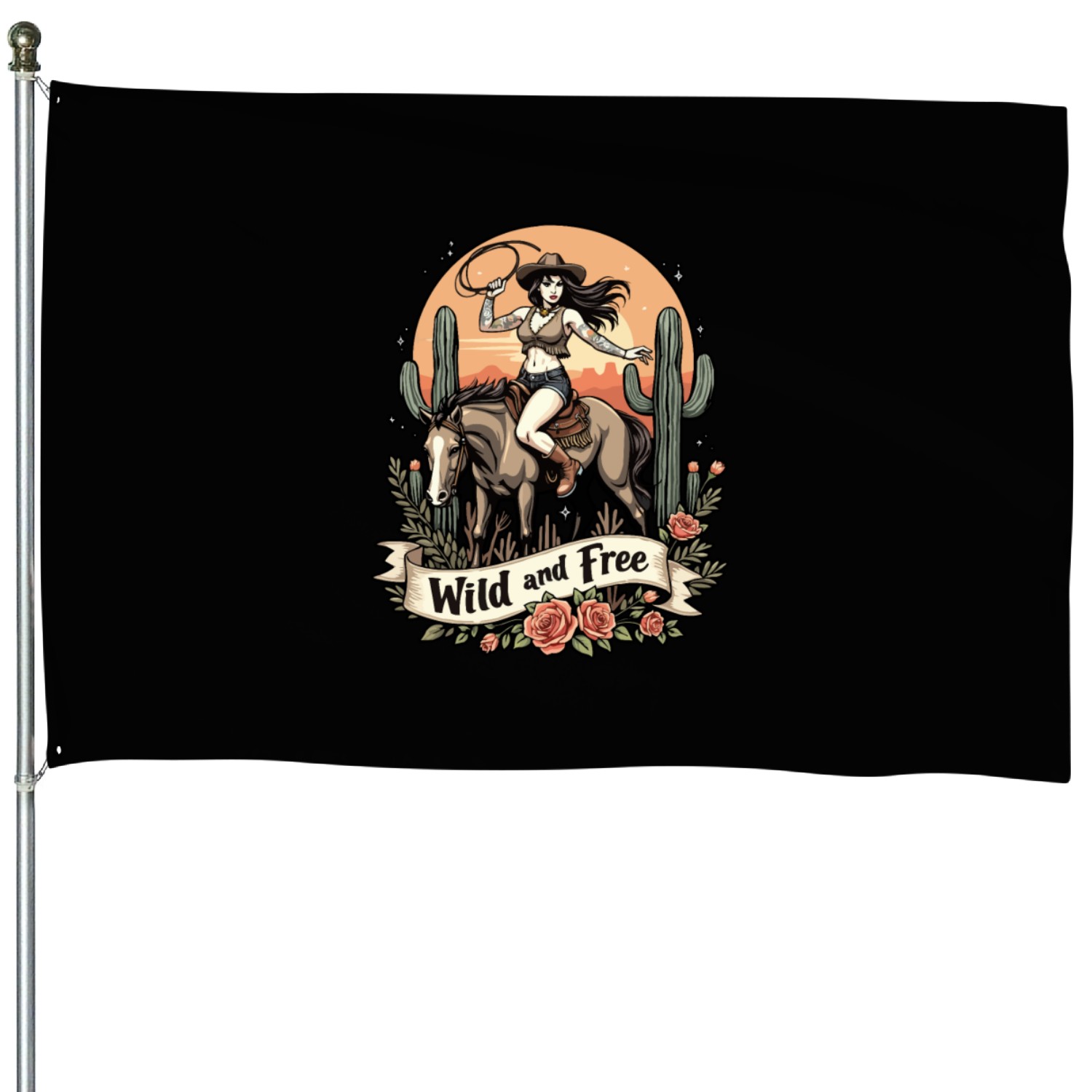 Wild And Free Pinup Cowgirl House Flags