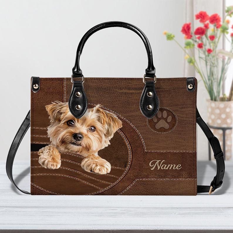 Personalized Leather Handbag for Yorkshire Terrier Dog Lovers, Custom Pet Portrait Bag, Tote Bag For Dog Mom, Dog Lovers Gift