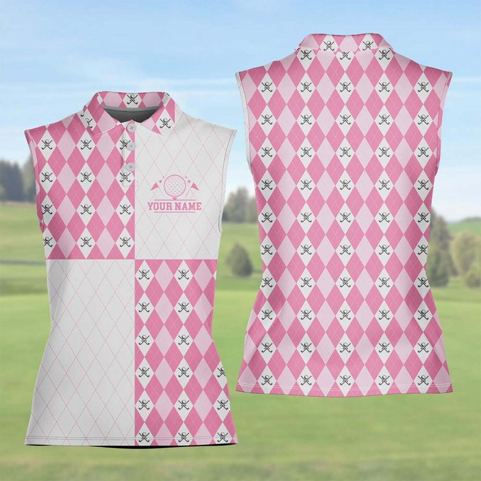 Women's Personalized Sleeveless Polo Shirt for Golf, Pink Argyle, Custom Name, Golf Club Ladies Shirt
