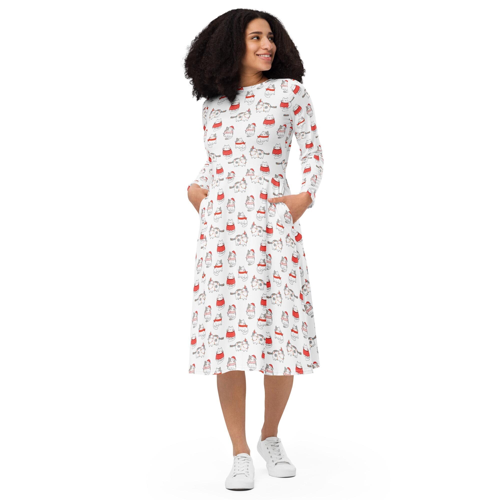 Christmas Cats Long Sleeve Midi Dress with Pockets | Holiday Dress | Christmas Outfit