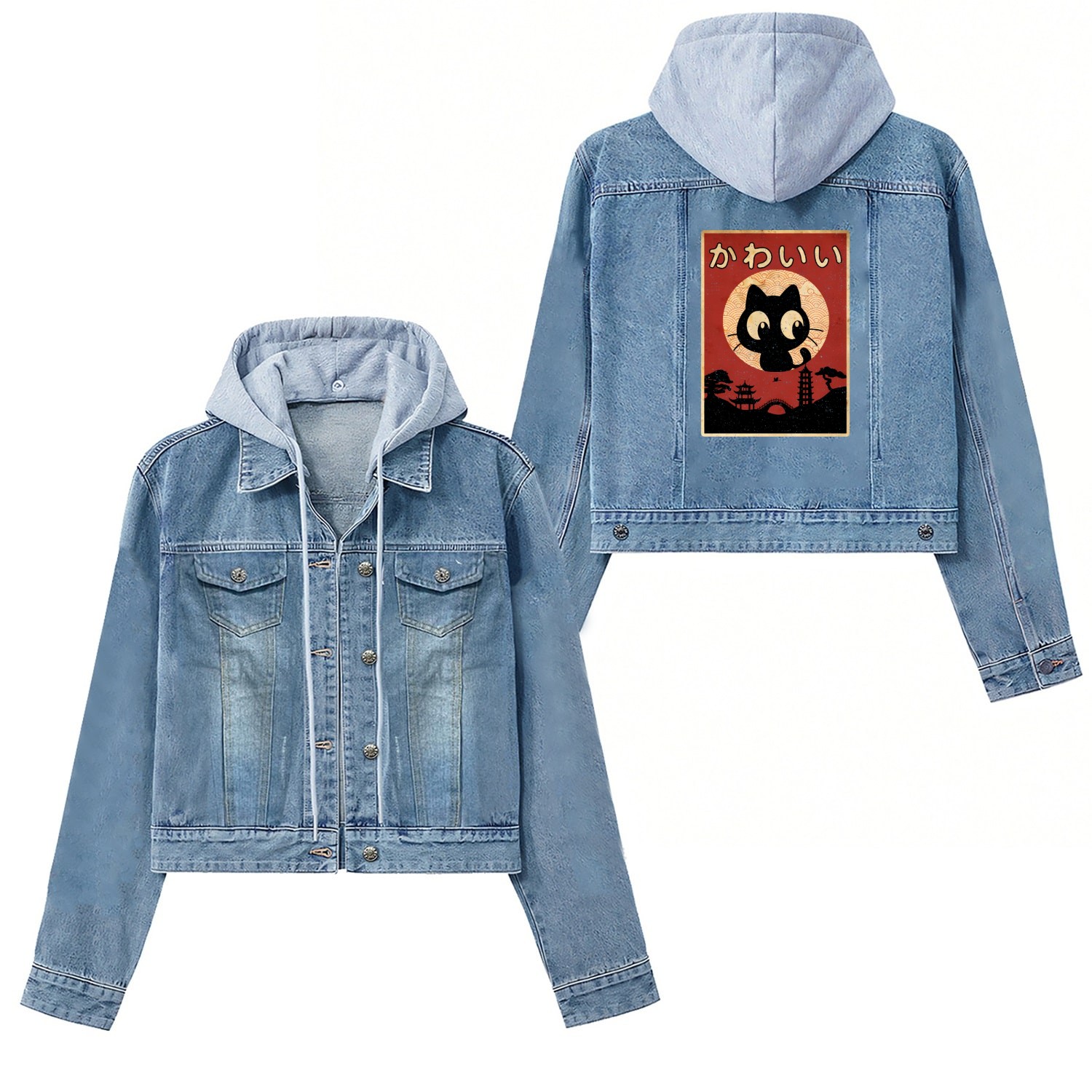Vintage Kawaii Cat Japanese Black Anime Women's Denim Jackets