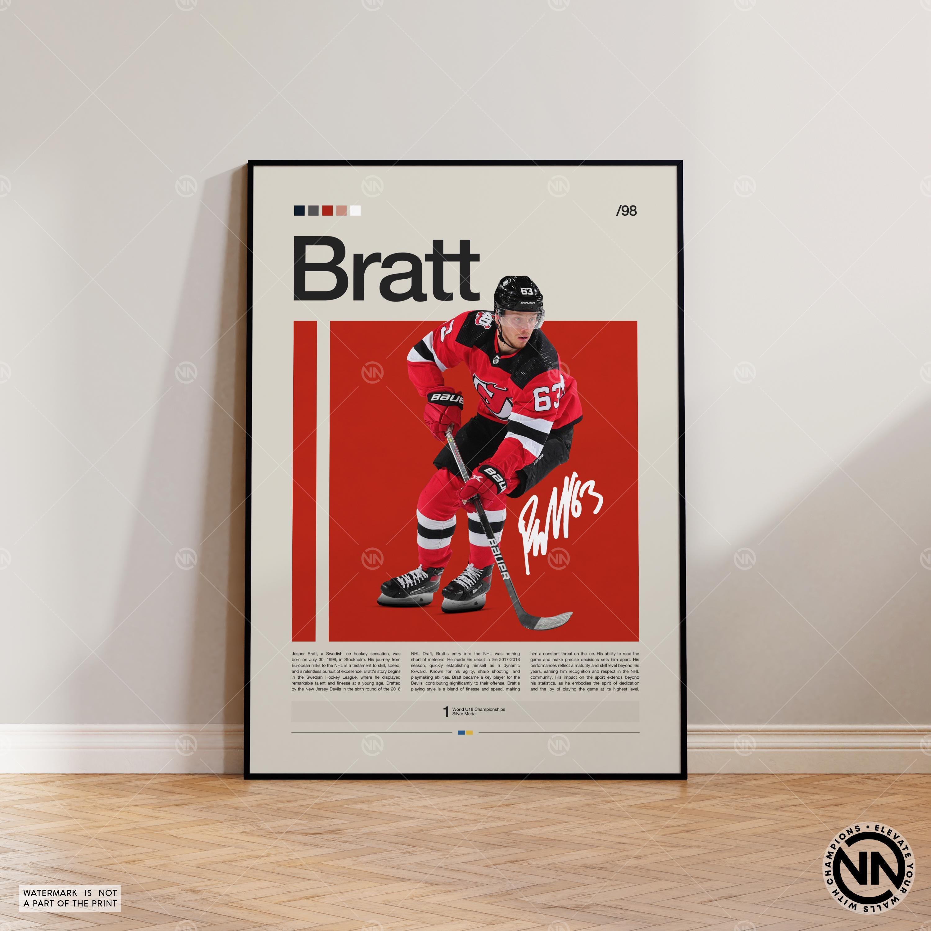Jesper Bratt Poster, New Jersey Devils Poster, NHL Poster, Hockey Poster, Sports Poster, Mid-Century Modern, Sports Bedroom Posters