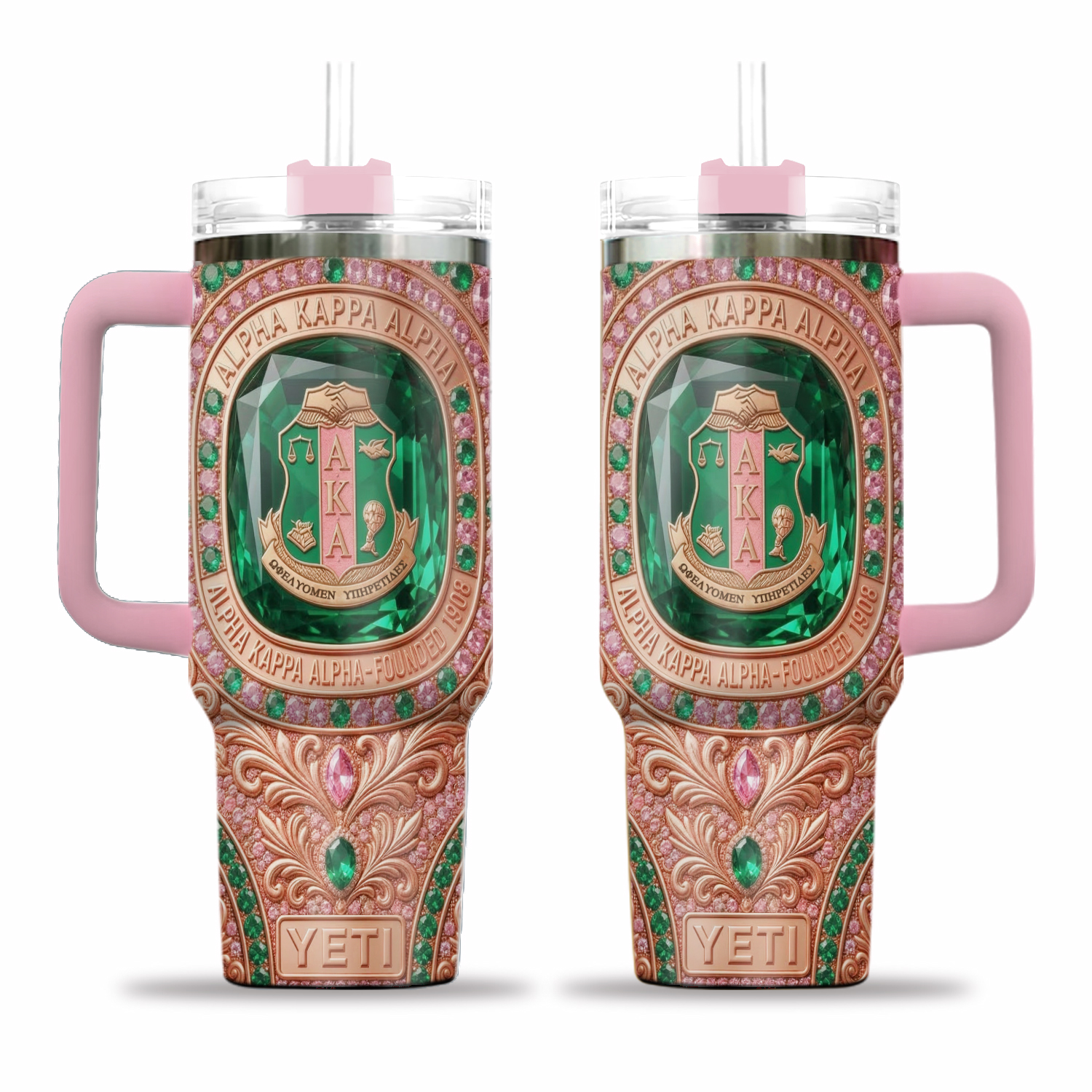 Pink Green Luxury Insulated Cup 40oz Mug with Handle Sorority Gift