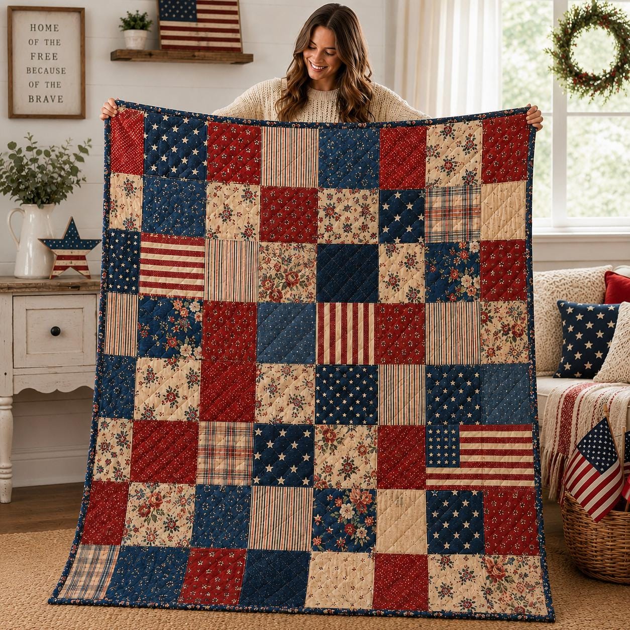 Patriotic Patchwork Quilt Blanket, Vintage Americana Cozy, Farmhouse Bedding, Fourth of July Home Decor