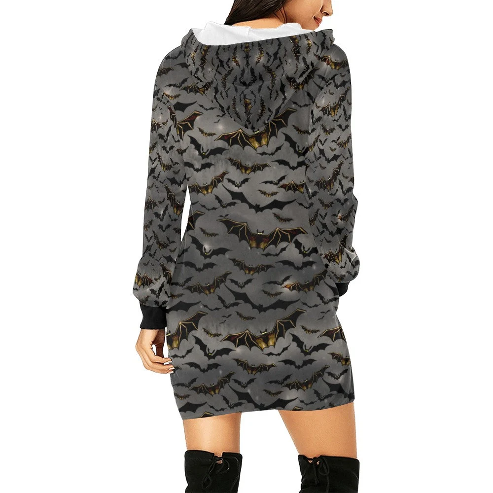Gothic Flying Bats Halloween Hoodie Dress Long Sleeve, Halloween Cosplay Costume, Gift For Women