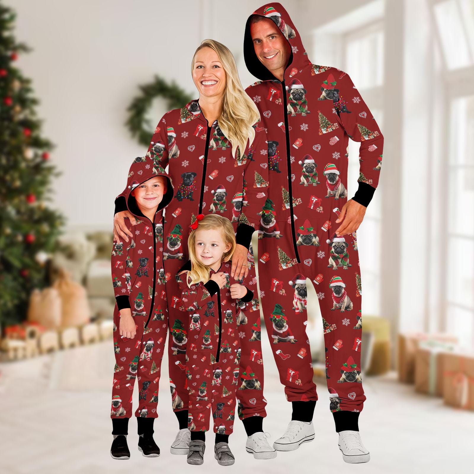 Pug Christmas Family Onesie Pajamas, Funny Dog Lover Jumpsuit, Matching Holiday Sleepwear For Men Women Kids, Cute Xmas Gift