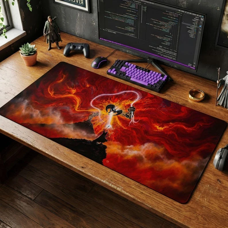 Gandalf vs Balrog Desk Mat, Fiery Dark Fantasy Gaming Mouse Pad