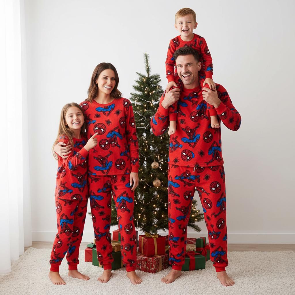 Spider Hero Family Pajamas Set, Long Sleeve Web PJs, Red Spiderweb Sleepwear, Family Gift