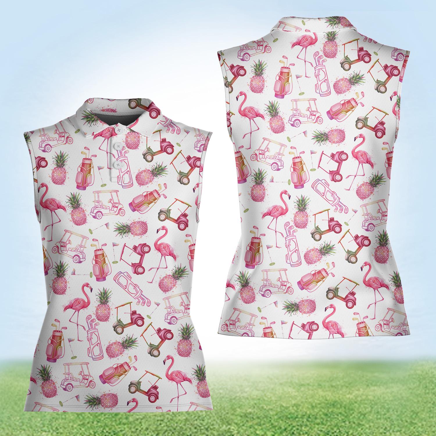 Women's Sleeveless Flamingo Golf Polo Shirt, Pink Pineapple Tropical Button Up Summer Vacation Top