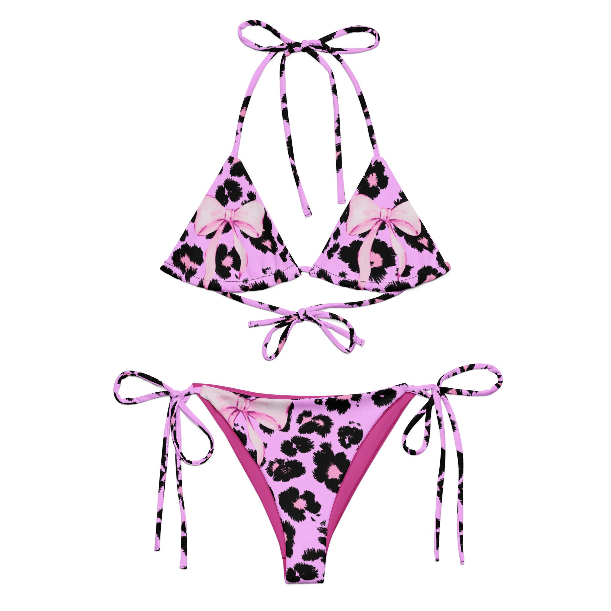 Leopard Print String Bikini Set with Pink Bows, Adjustable Swimwear