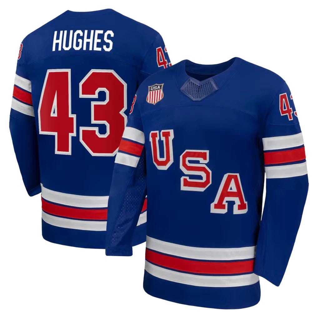 Men's #43 Hughes Hockey Jersey - USA 2026 Winter Royal Shirt