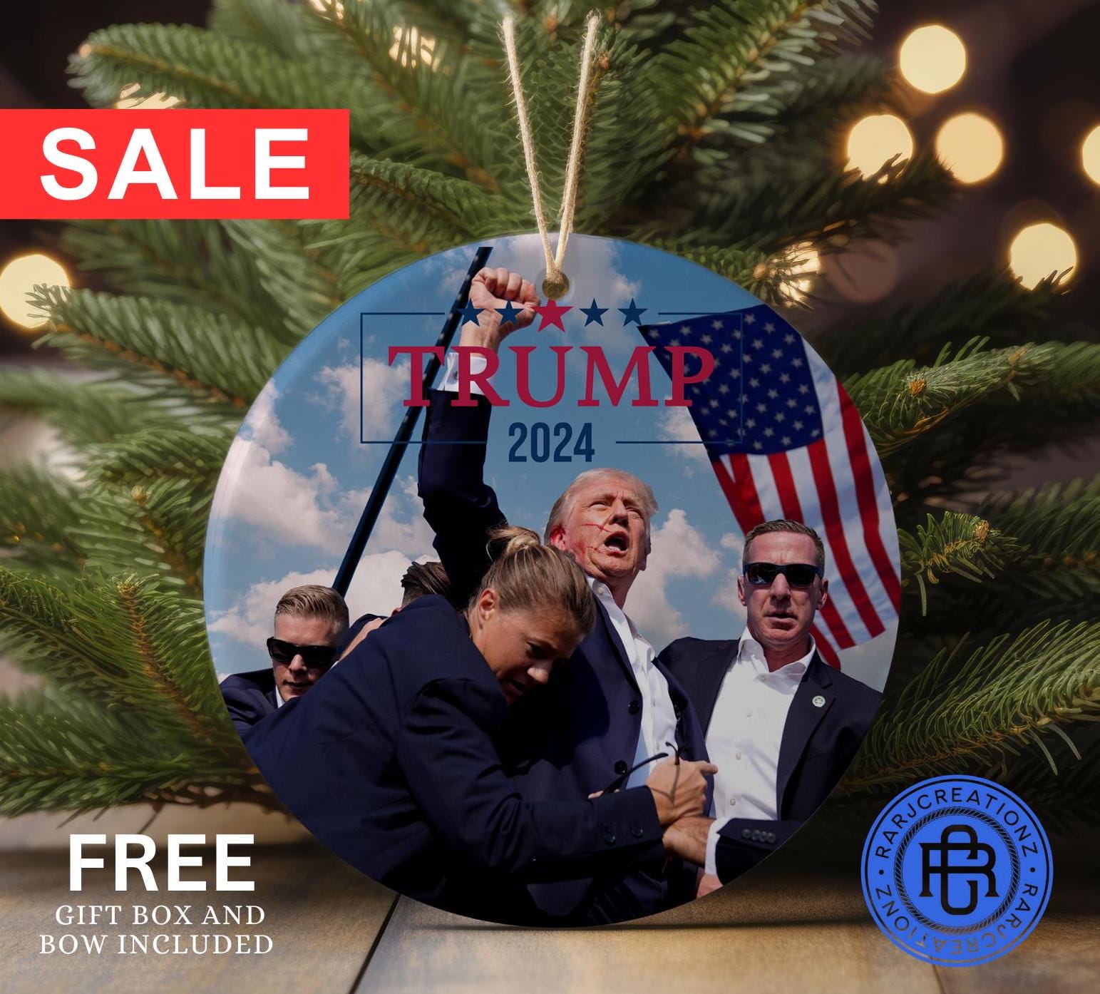 Donald Trump 2024, Christmas Tree Decor, Political Trends, Ceramic Ornament, Holiday Gift, Failed Attempt, Trump Shot, Gift for her or Him.