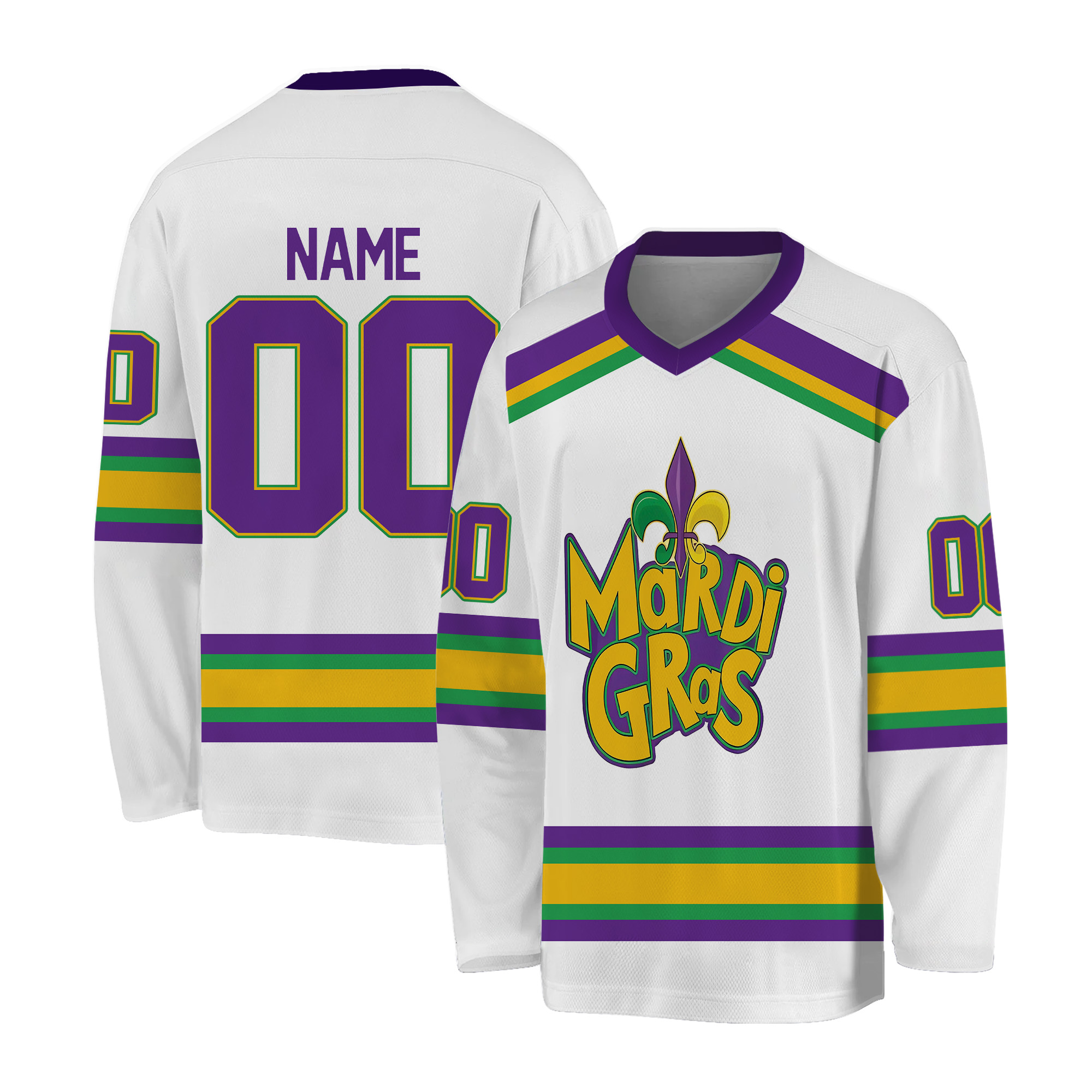 Custom Mardi Gras Ice Hockey Jersey, Personalized Fleur De Lis Hockey Shirt, Hockey Team Jersey, Mardi Gras Carnival Sports Uniform For Fans