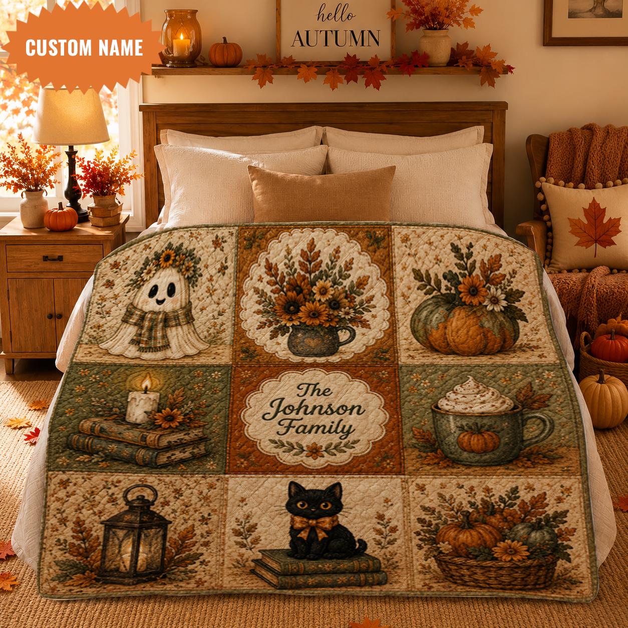 Personalized Fall Quilt Blanket, Custom Family Autumn, Pumpkin Black Cat Home Decor
