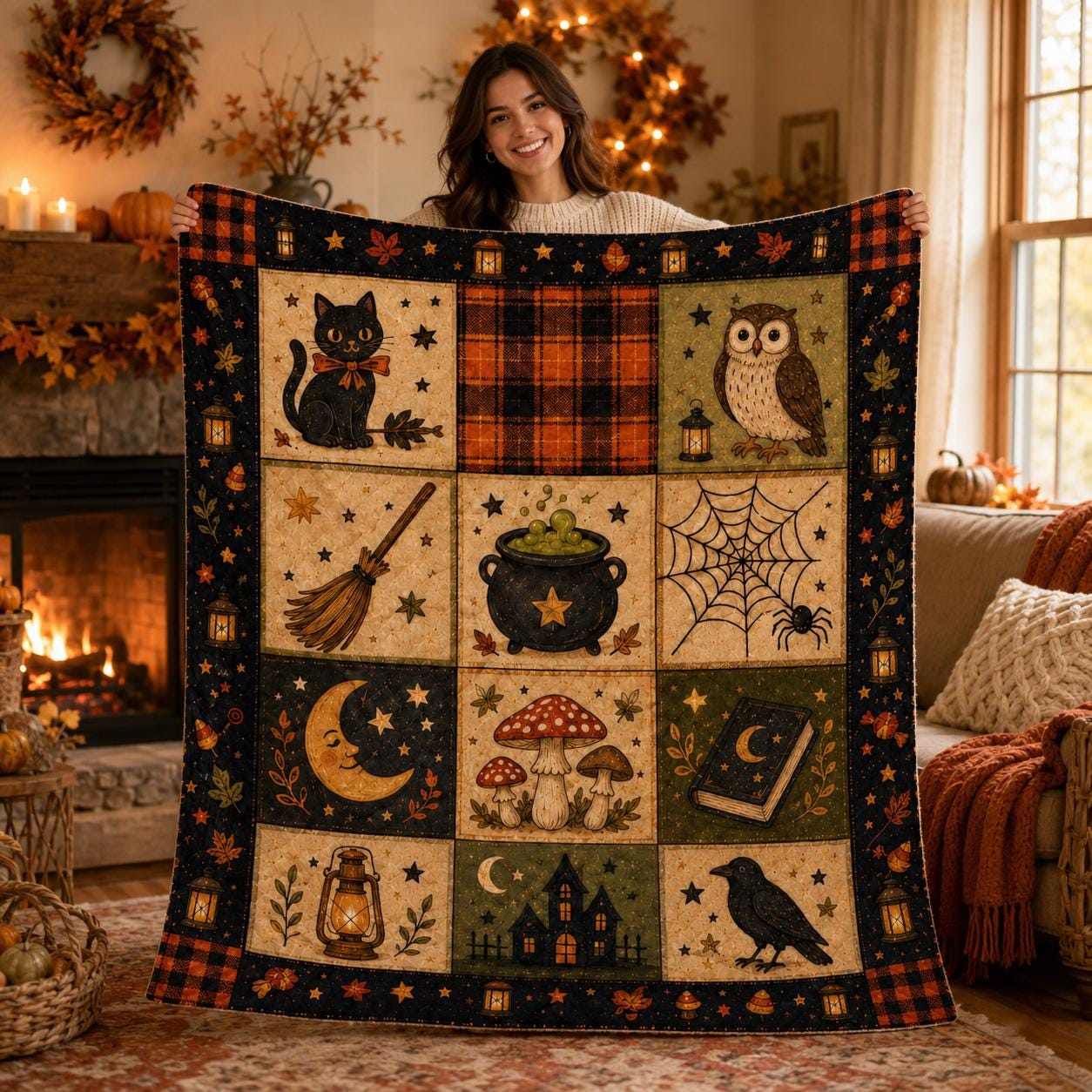 Witchy Halloween Quilt Blanket, Cat Owl Raven Cozy, Spooky Cottagecore Patchwork Blanket, Autumn Magic Home Decor