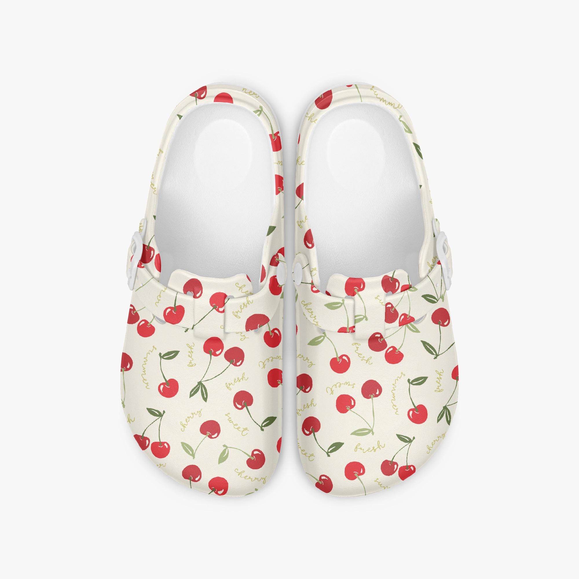 Women's Garden Clogs with Cherry Pattern, Rubber Slip-On Shoes for Gardening and Summer Use