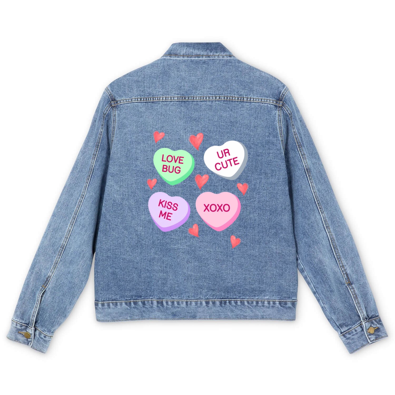 Happy Day Candy Conversation Hearts Love Bug Kiss Men's Denim Jackets