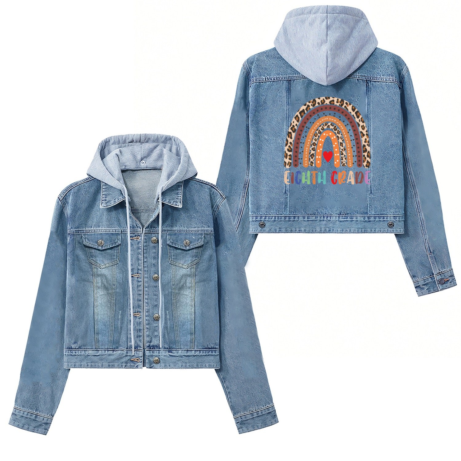 Eighth Grade Teacher Leopard Rainbow Women's Denim Jackets