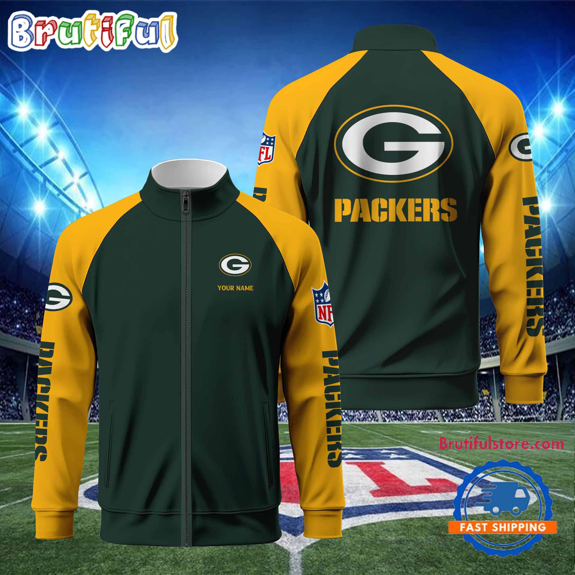 Green Bay Packers Football Team Custom Name Standing Neck Zipper Jacket