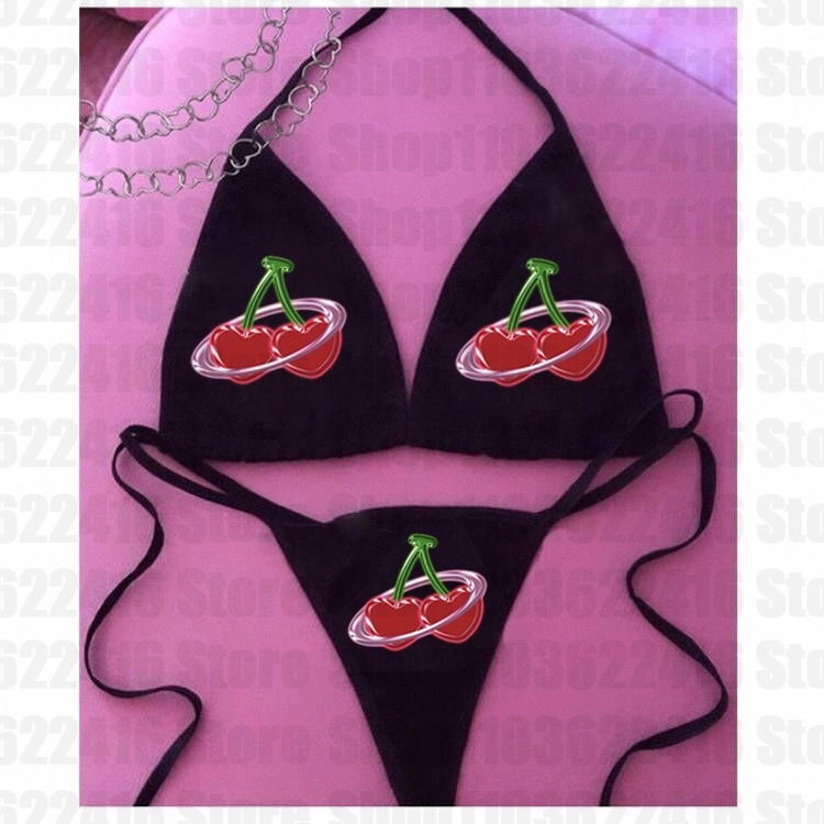 Y2K Women's Cherry Bikini Set High Waist Halter Swimsuit Lace-Up Beachwear
