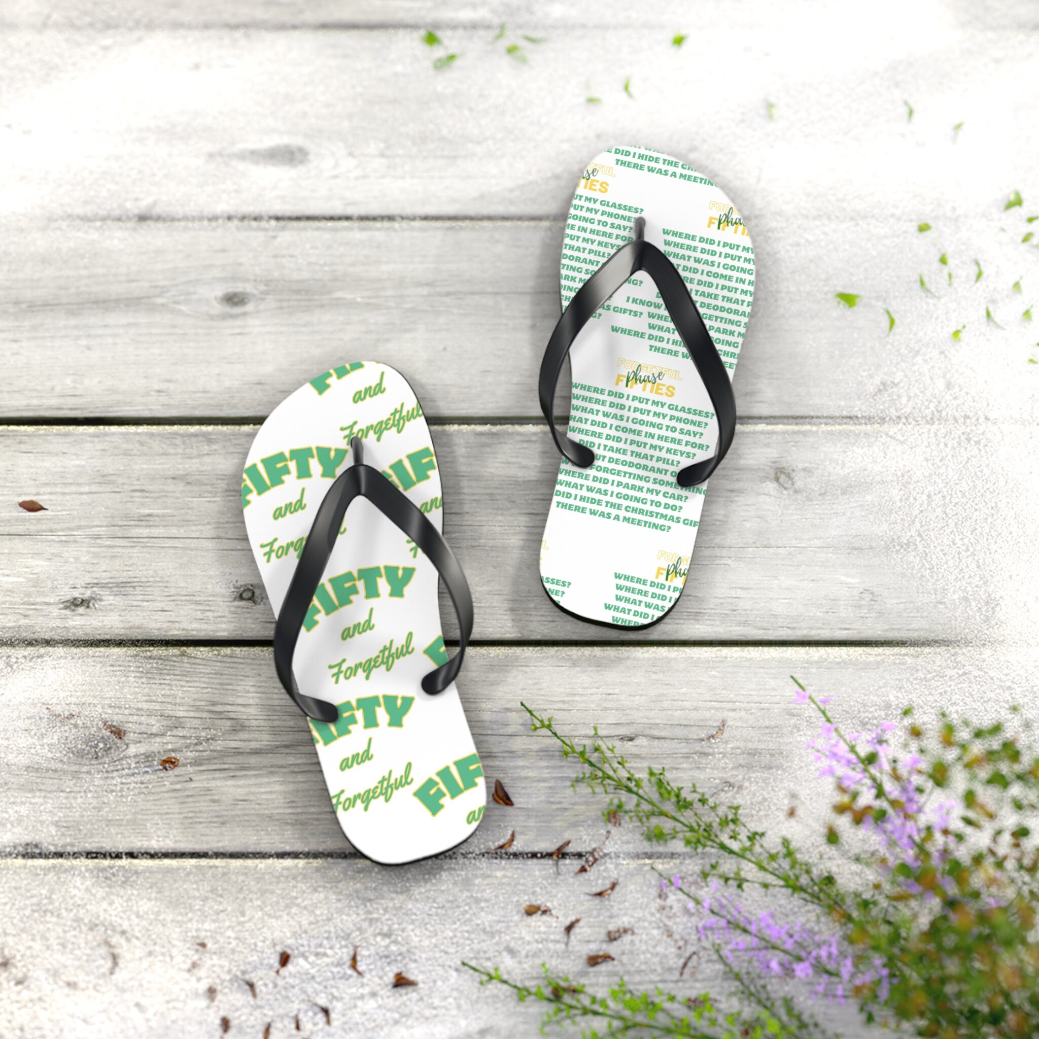 Flip Flops for 50s birthday, sun shield flip flops, forgetful 50 questions,fifty and forgetful flip flops for her,sister,green and yellow