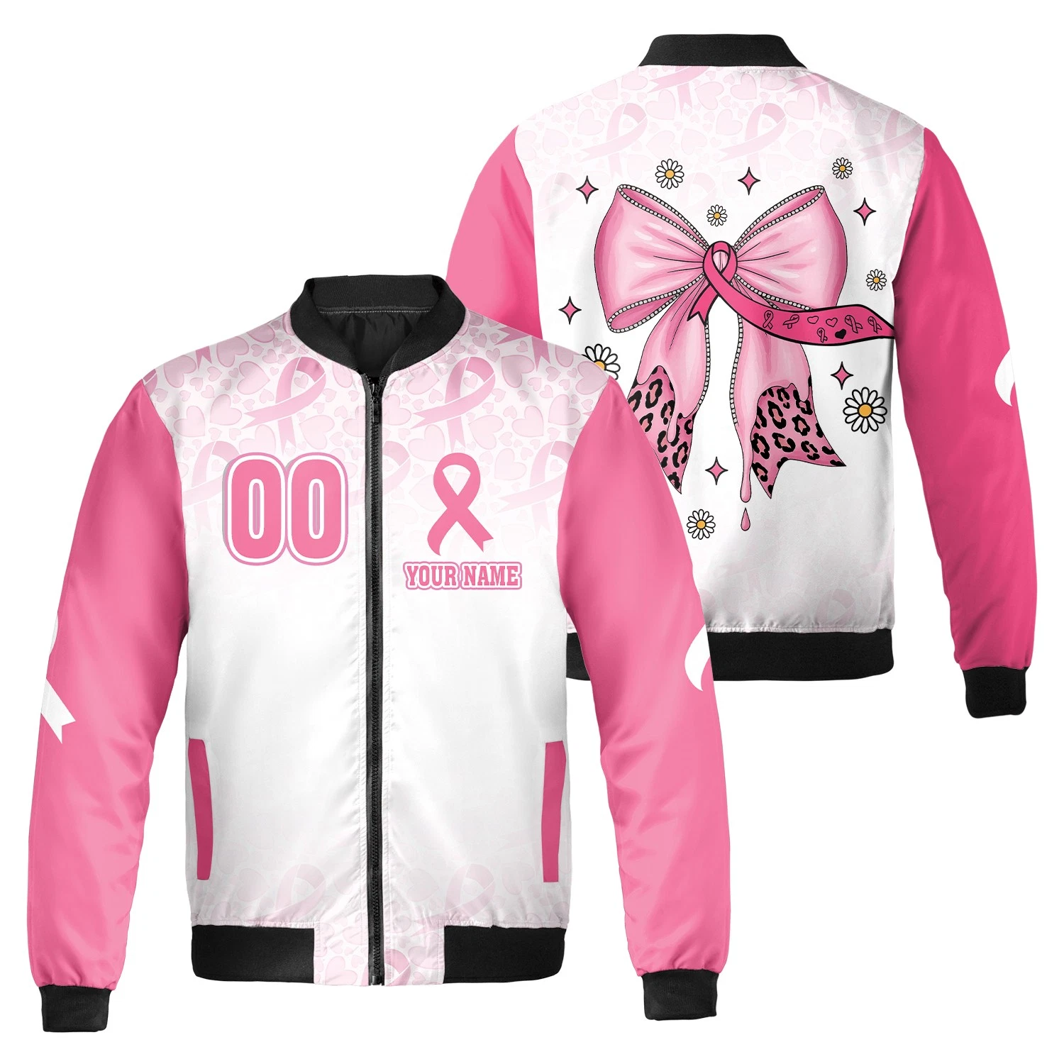 Personalized Coquette Bow Pink Ribbon Breast Cancer Bomber Jacket