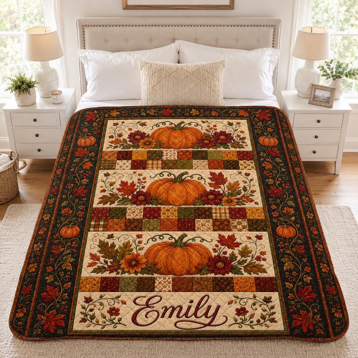 Personalized Pumpkin Quilt Blanket, Custom Name Autumn Patchwork, Fall Home Decor
