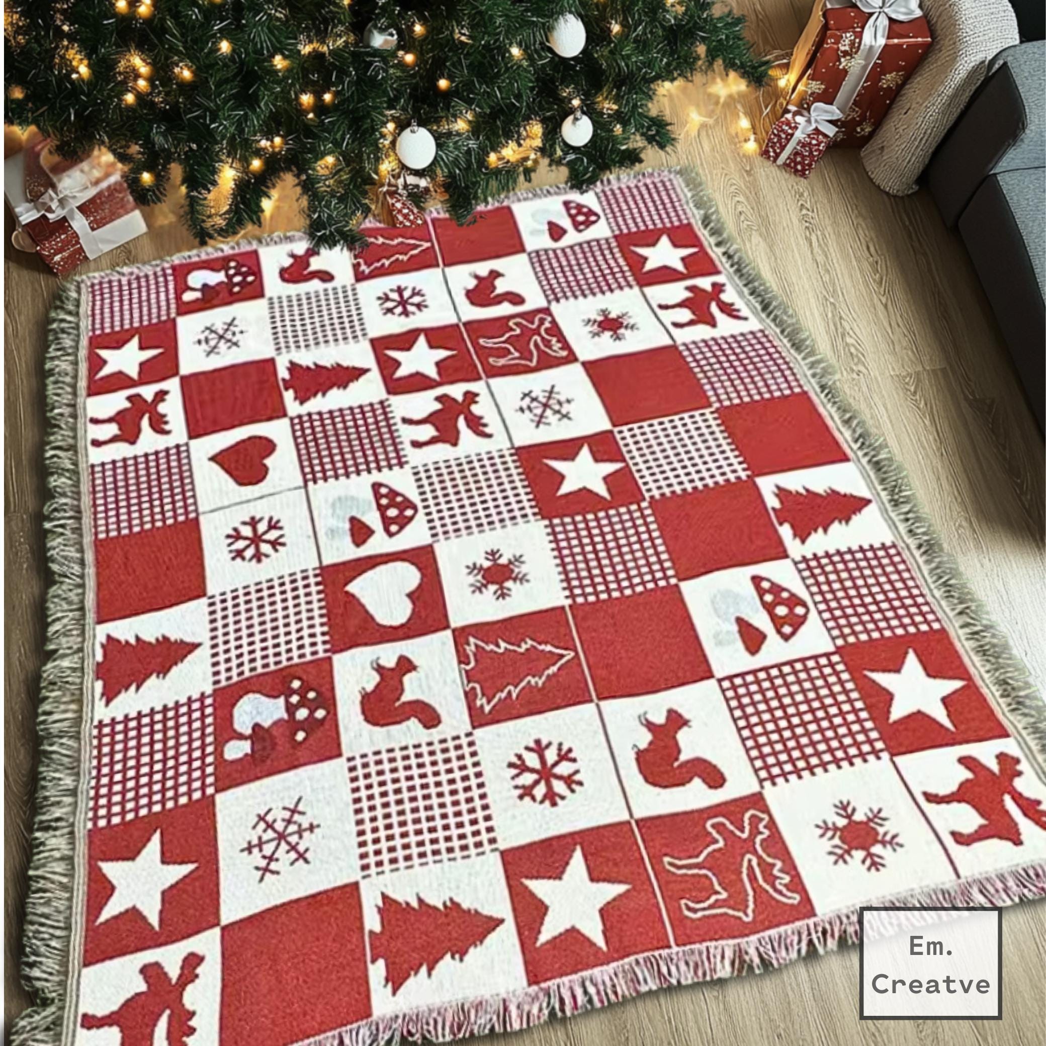 Christmas Patchwork Blanket, Xmas Season Woven Picnic Blankets, Festive Sofa Throw, Checkered Tapestry, Decorative Gift, Cozy Holiday Decor