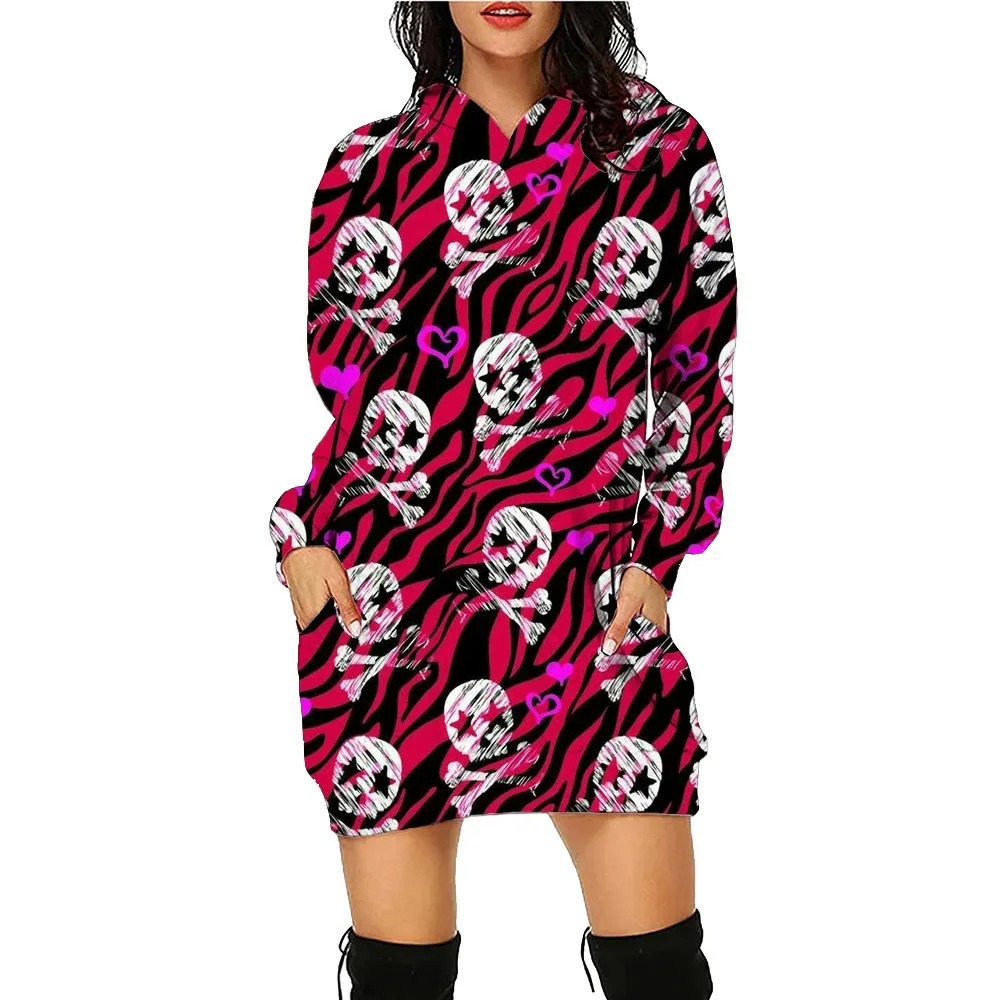 Halloween Colorflu Skull Printed Hoodie Dress Long Sleeve, Halloween Cosplay Costume, Gift For Women