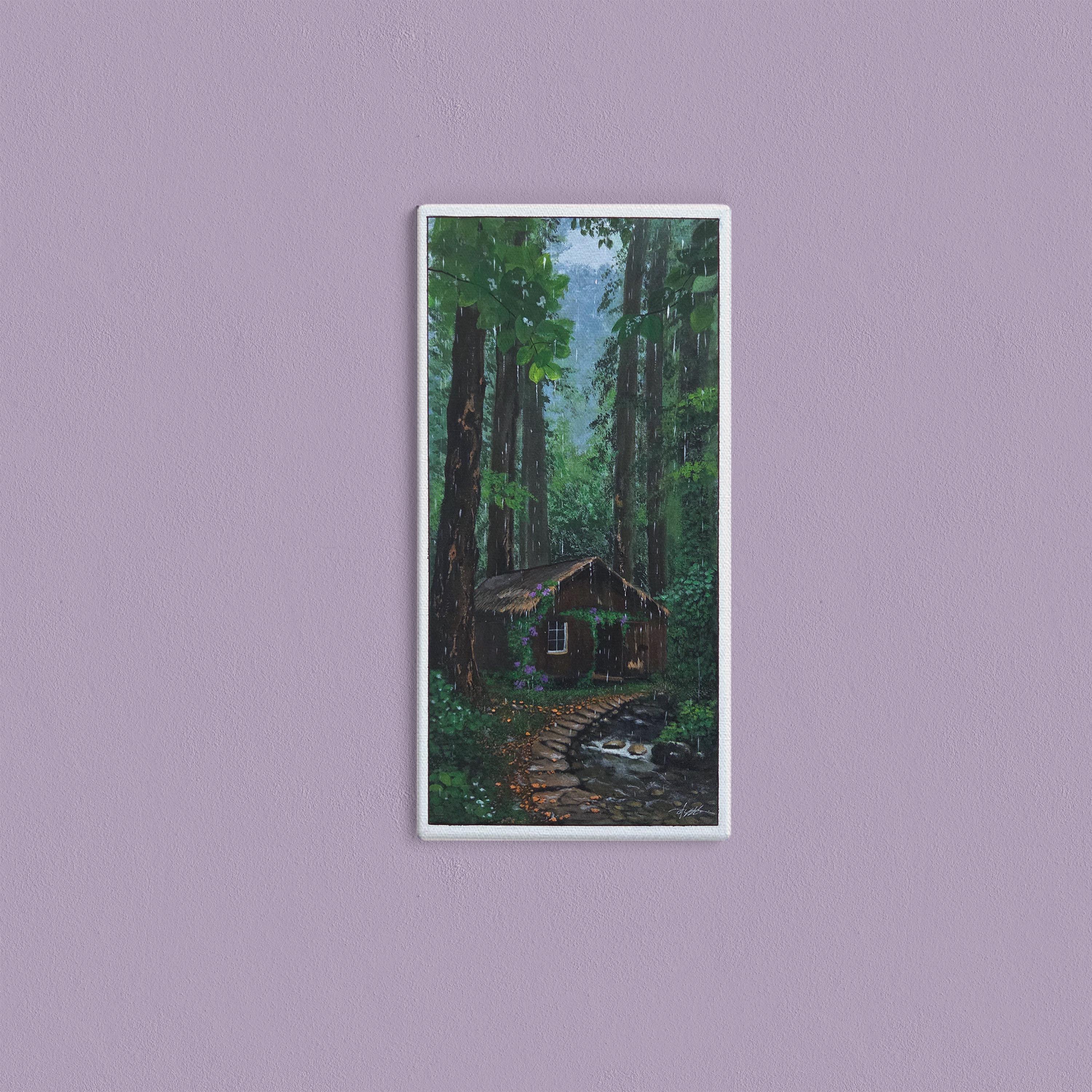 Rainy Forest Cabin Painting | 11x20 Original Acrylic Landscape | Cozy Cottage Wall Art | Nature Rain Scene | Handmade Home Decor