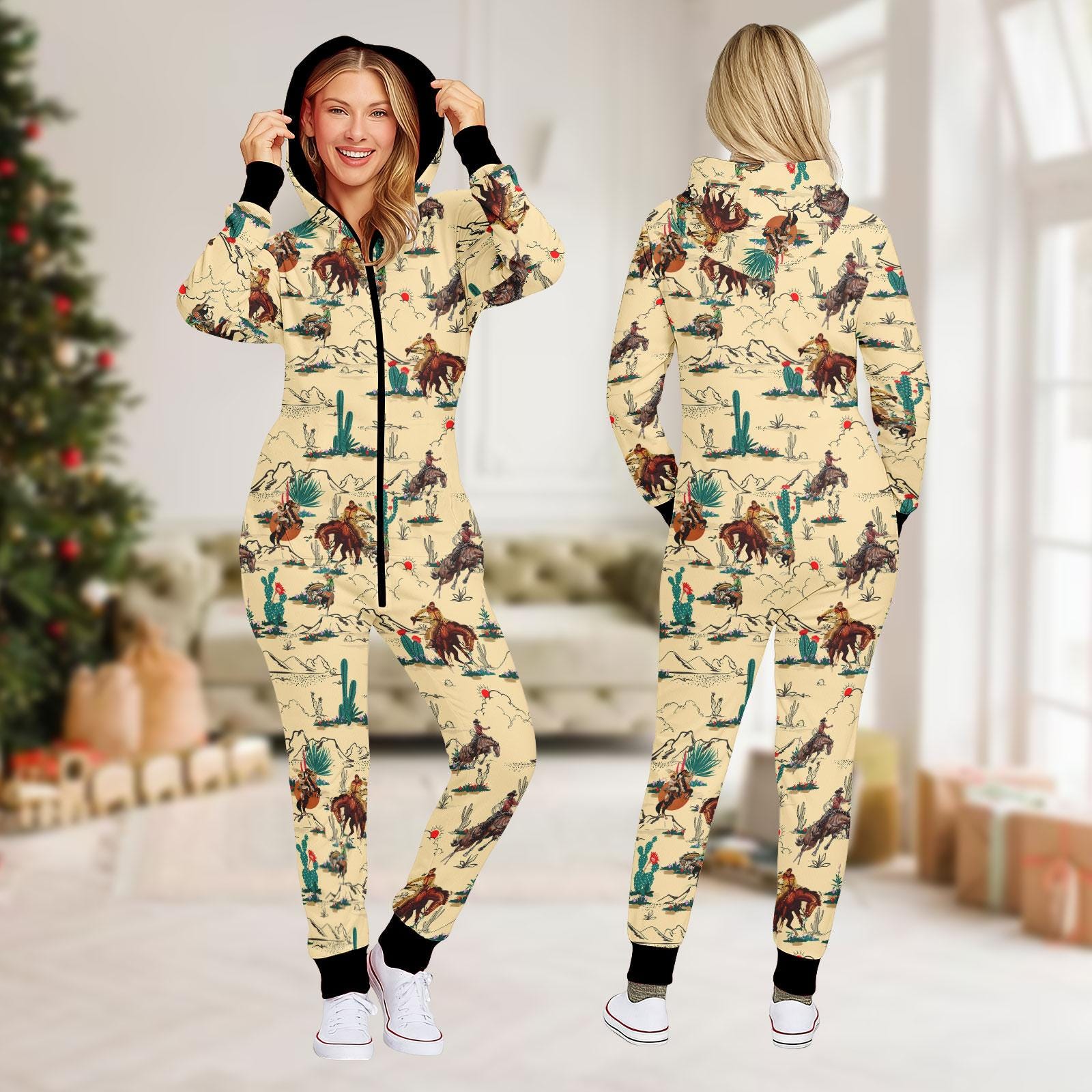 Western Cowboy Family Onesie Pajamas, Vintage Desert Jumpsuit Set, Matching Rodeo Sleepwear For Men Women Kids, Funny Xmas Gift Idea