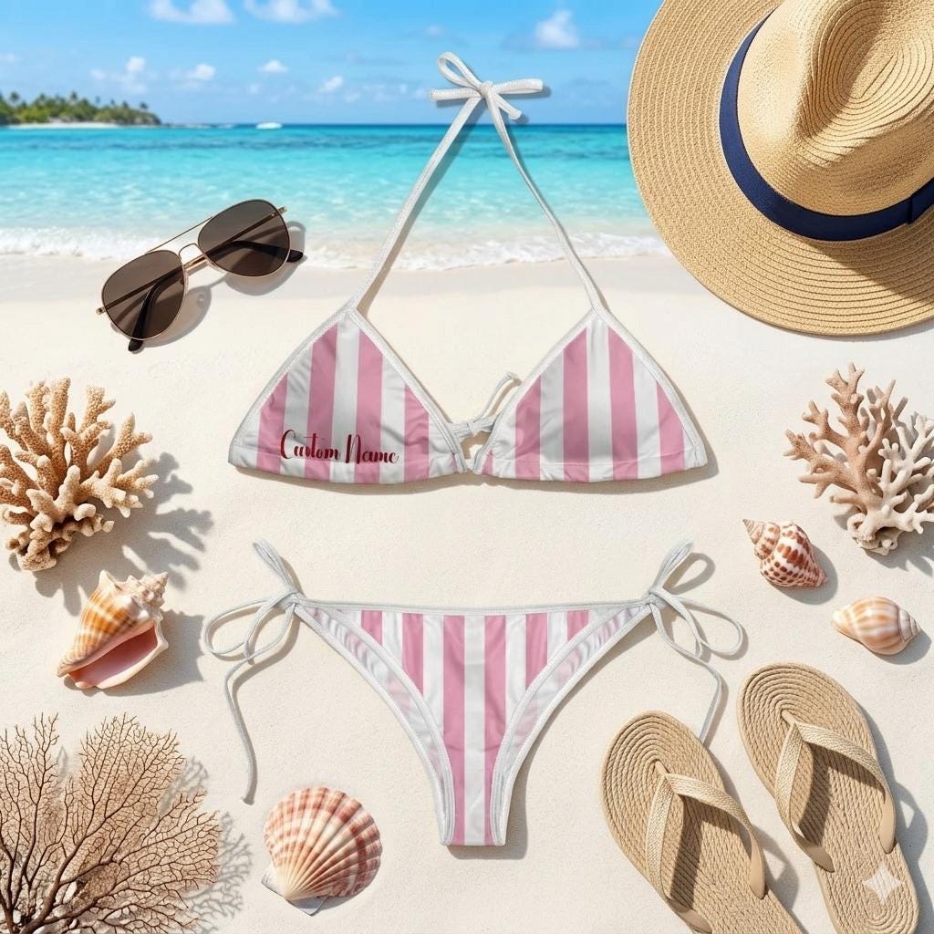 Custom Name Striped Bikini Set for Women, Personalized Tie Side Swimsuit, Summer Beachwear, Cute Matching Bathing Suit
