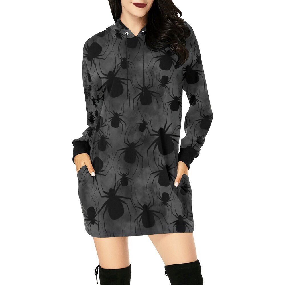 Gothic Spiders Halloween Hoodie Dress Long Sleeve, Halloween Cosplay Costume, Gift For Women