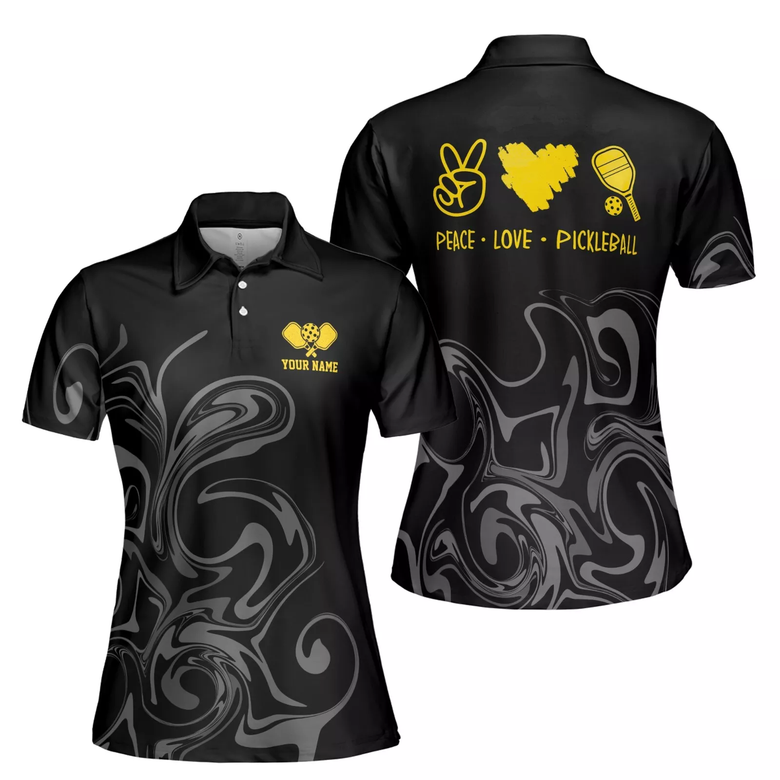 Women's Polo Shirt with Custom Name and Marble Pattern, Peace Love Pickleball