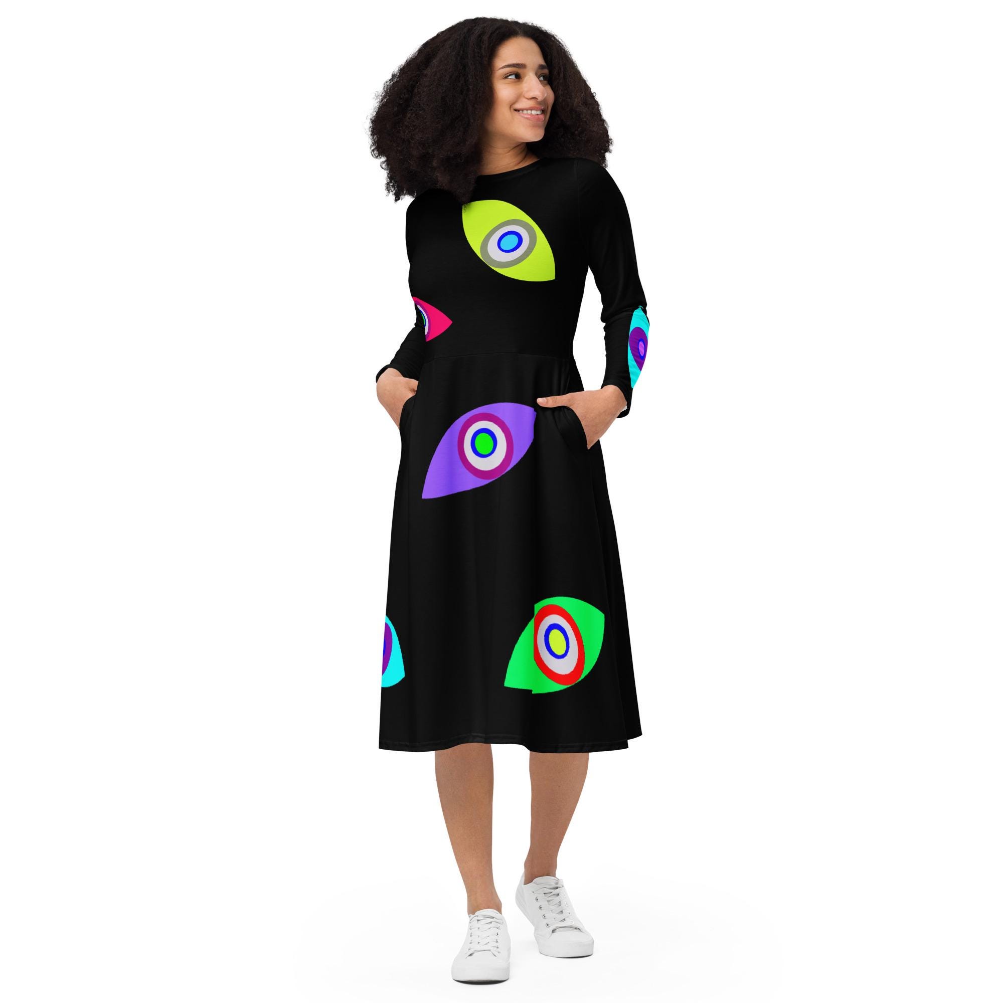 Abstraction Eyes Sharp Large All-Over Print Long Sleeve Midi Dress