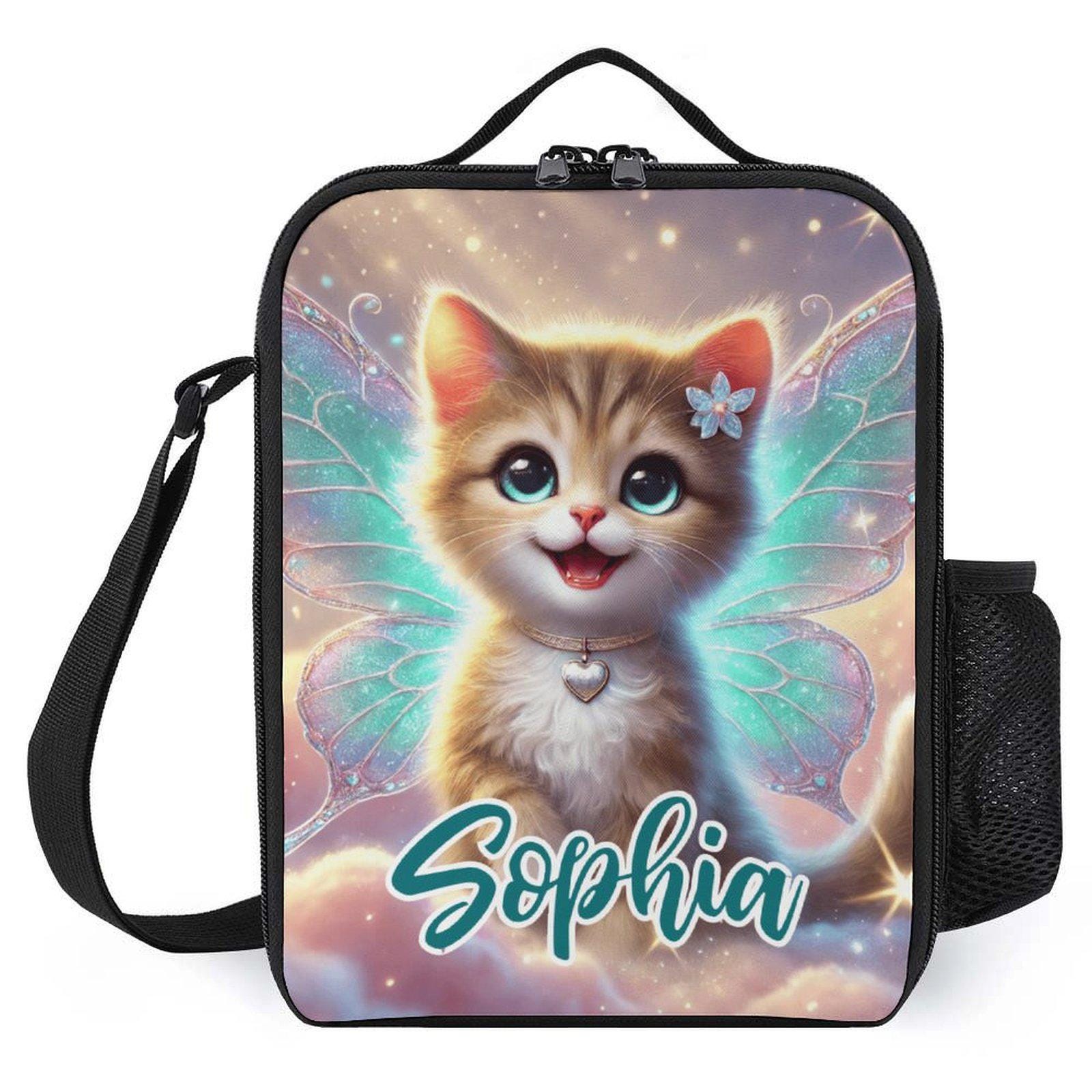 Personalized Kitten with Butterfly Wings Lunch Bag for School Camp Boys & Girls