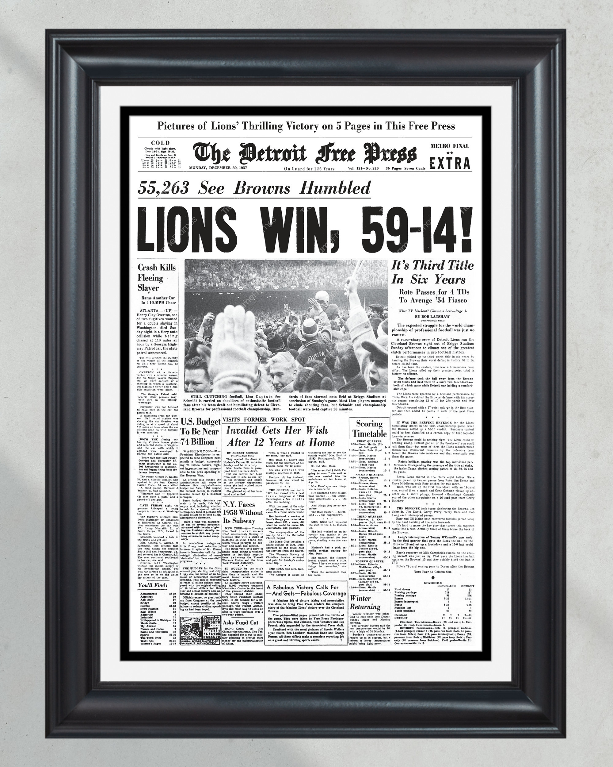 1957 Detroit Lions' Historic Championship Win: 'LIONS WIN, 59-14!' - (NO FRAMED) Poster