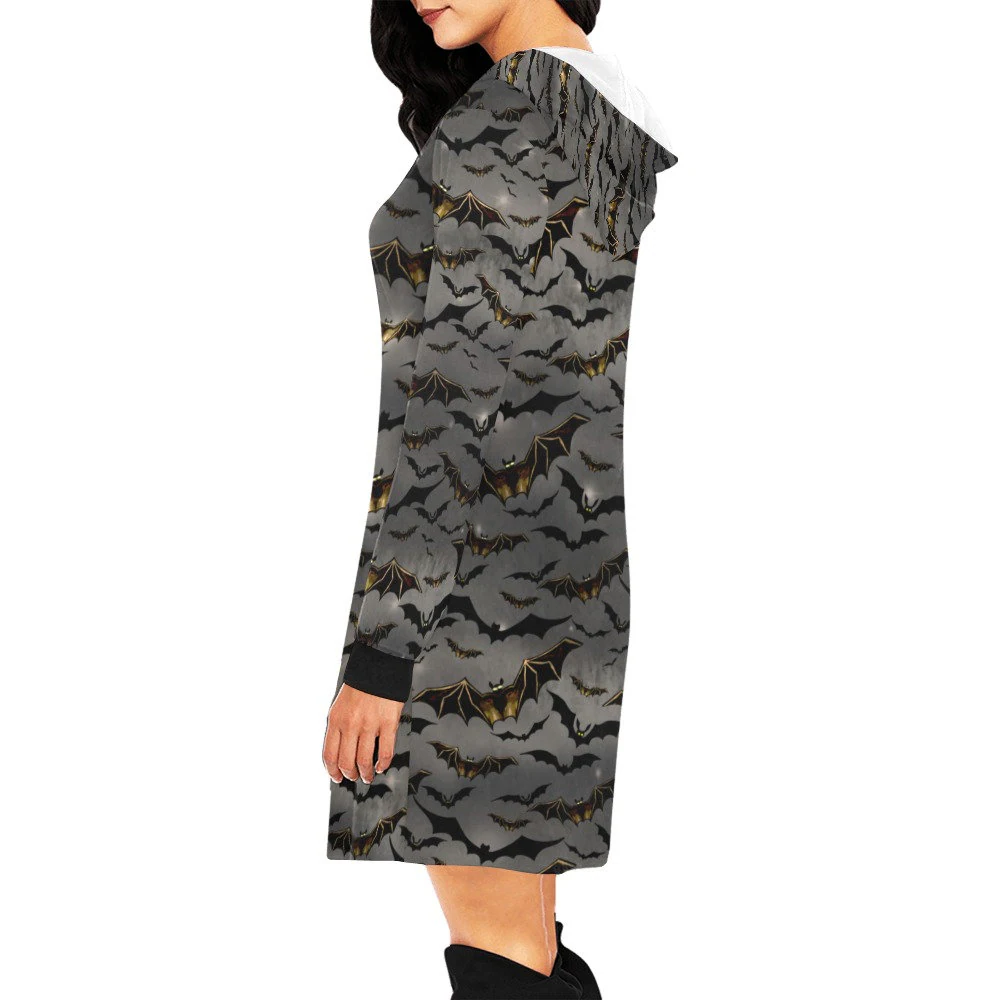 Gothic Flying Bats Halloween Hoodie Dress Long Sleeve, Halloween Cosplay Costume, Gift For Women