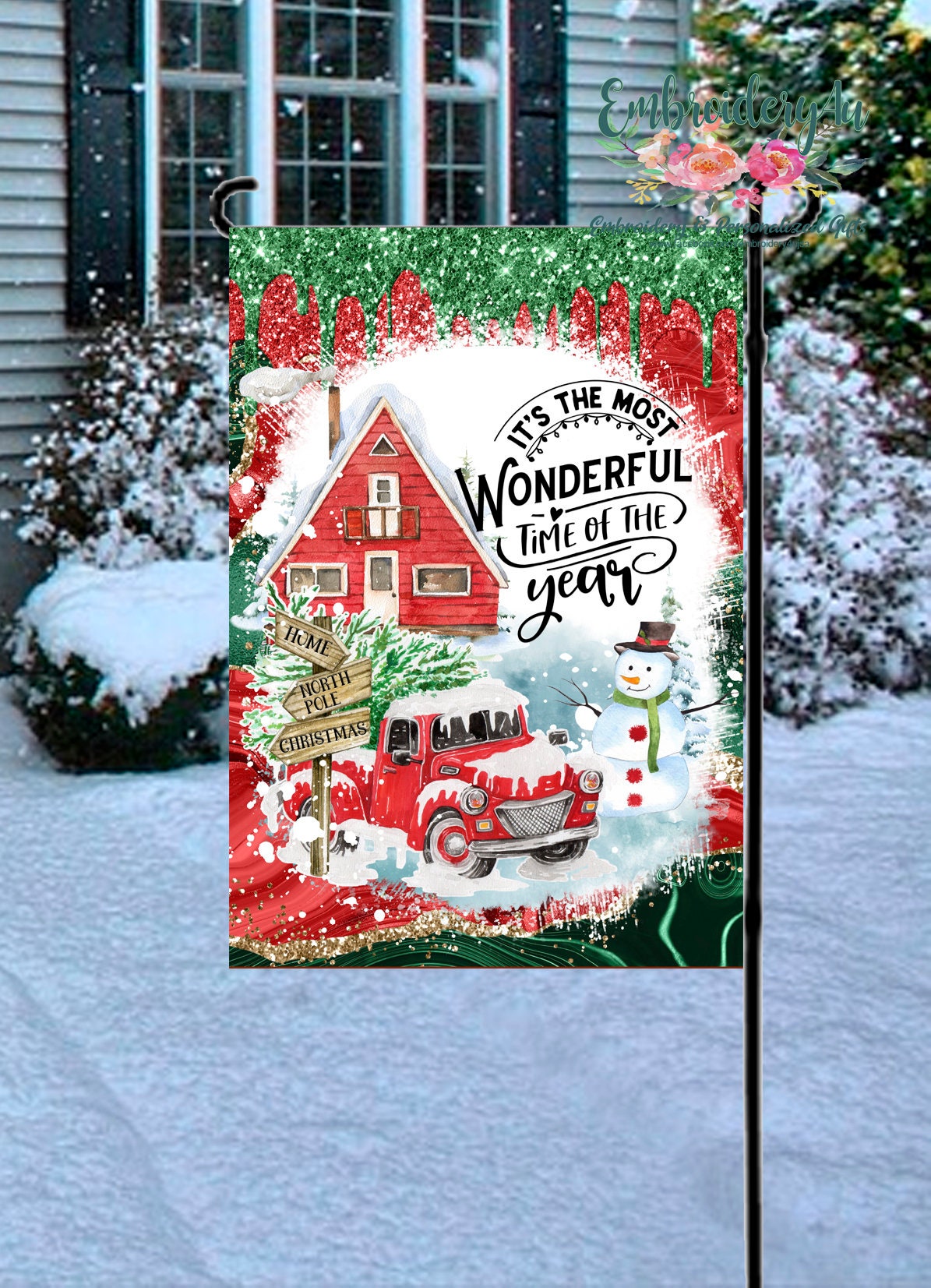 Christmas Flag|It's the Most Wonderful Time of the Year|Christmas Garden Flag|Winter Garden Flag|Christmas Flag|Red Truck Christmas