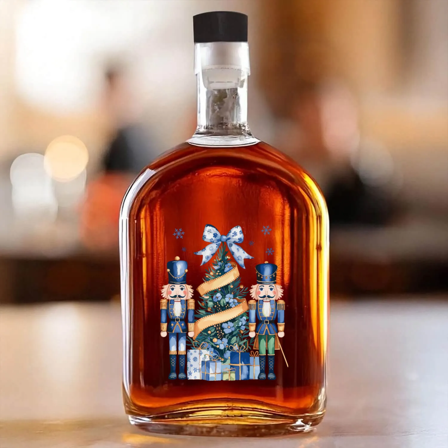 Nutcrackers Guarding Christmas Tree Blue and Gold Whiskey Bottles