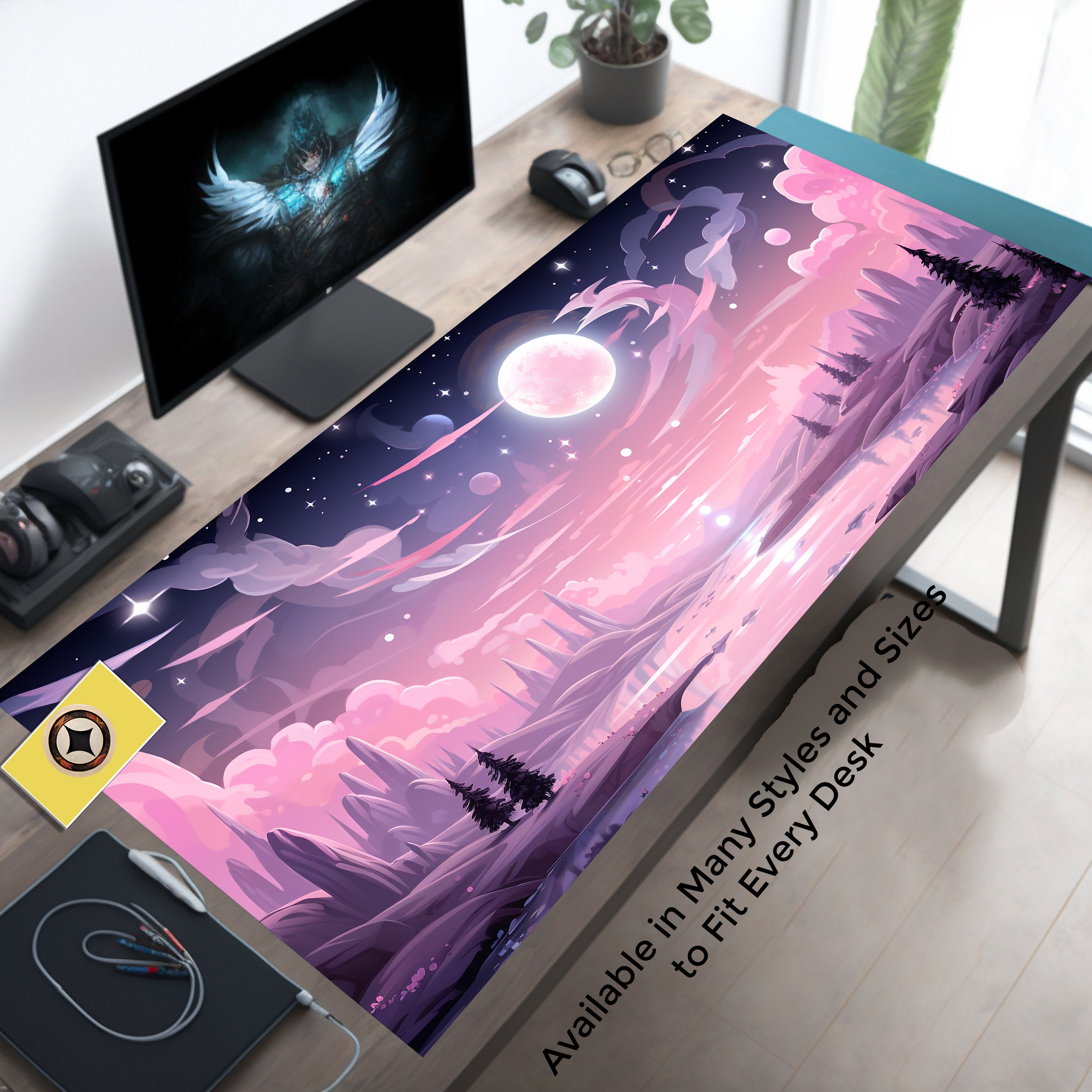 Pink Kawaii Serene Midnight Full Moon Desk Mat with River, Clouds, and Forest Design, Anime Mousepad