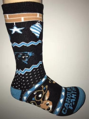CAROLINA PANTHERS football FOOTBALL LOGO THICK REINDEER HOLIDAY CREW SOCKS LARGE