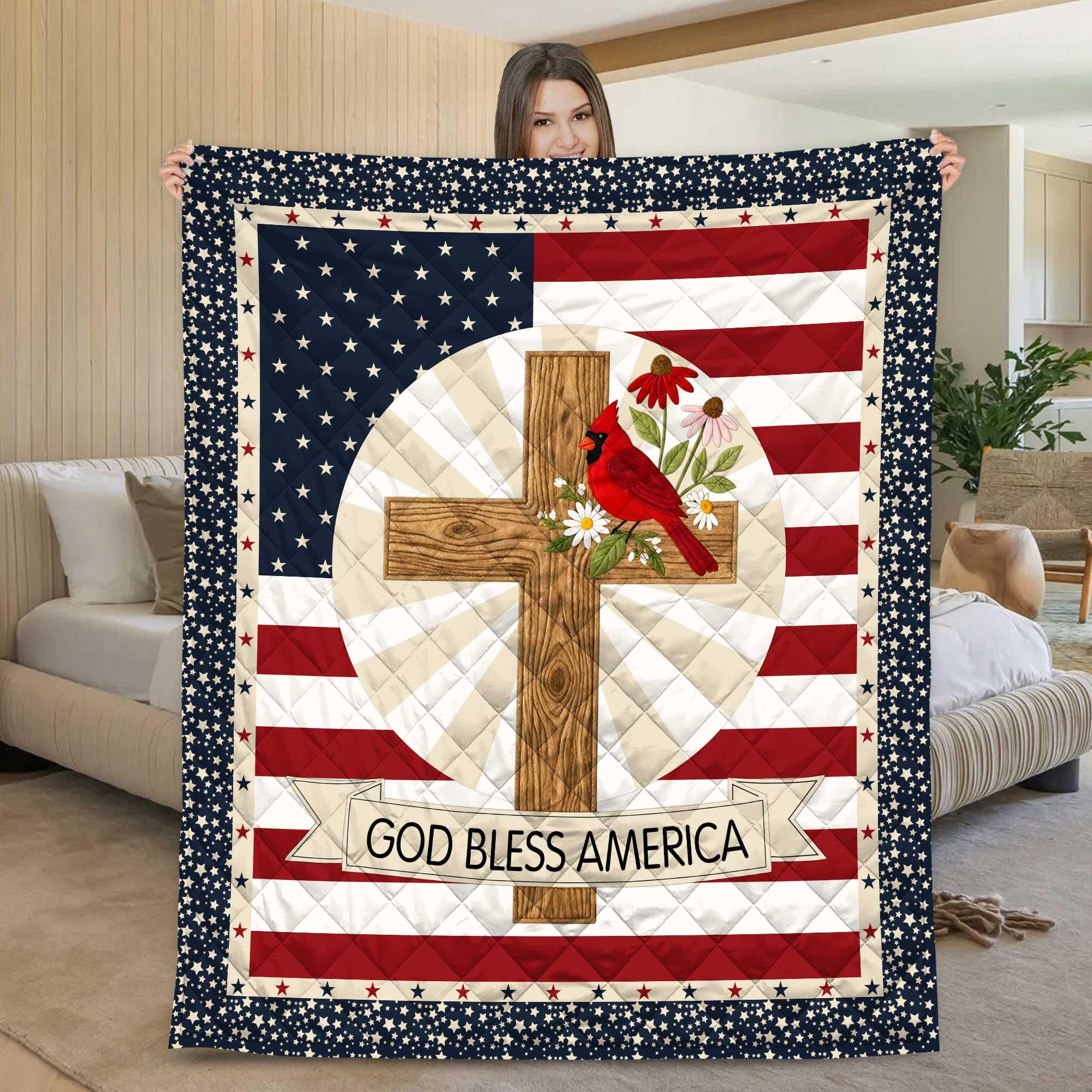 American Flag Cross Quilt Blanket, Christian Patriotic Throw, Cardinal Bird Faith Blanket, God Bless America Decor