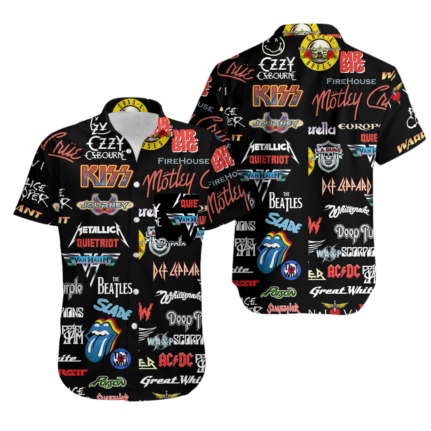 Rock Band Inspired Hawaiian Shirt, Retro Music Collage Aloha Button Up, Vintage Concert Style Summer Festival Outfit, Music outfit Fan